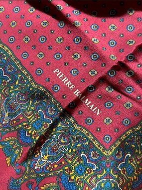 Excellent Vintage Pierre Balmain 30-Inch Square Silk Scarf / Hand-Rolled Edges